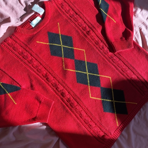 VTG 80s/90s Jantzen Red/Black Argyle Chunky Knit Crewneck Fisherman Sweater - Picture 6 of 12